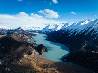 Aerial view of beautiful snow mountains and lake in Tibet,China