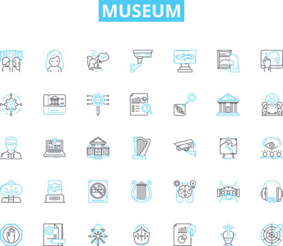Museum linear icons set. Artifacts, Exhibits, Gallery, Archaeology, History, Memorabilia, Sculpture line vector and concept signs. Antiquities,Collections,Architecture outline illustrations