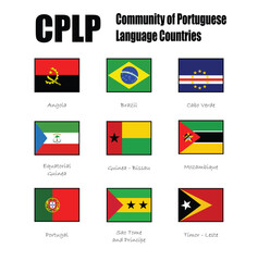 CPLP official flag and national flags of the nine states which are full members of the Community of Portuguese Language Countries (or Lusophone Commonwealth)