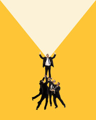 Businessman,employee standing on top of his career, leading projects. Self-motivation for success. Contemporary art collage. Concept of personal and professional growth, business, ambitions