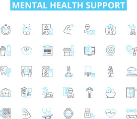 Mental health support linear icons set. Therapy, Counseling, Support, Healing, Wellness, Mindfulness, Advocate line vector and concept signs. Anxiety,Depression,Self-care outline illustrations