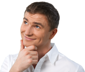 Portrait of a Smiling Thinking Man with Hand on Chin