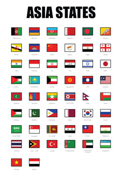 Asia states, flags of states on Asia