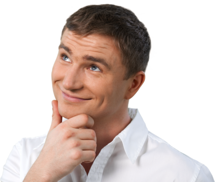 Portrait of a Smiling Thinking Man with Hand on Chin