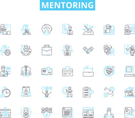 Mentoring linear icons set. Learning, Guidance, Coaching, Support, Advise, Experience, Sharing line vector and concept signs. Leadership,Development,Empowerment outline illustrations