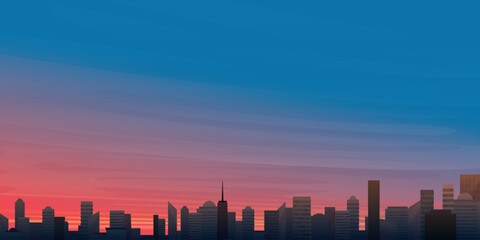 Fototapeta na wymiar Sky on a sunset in the city vector illustration have blank space. Buildings silhouette against the sky in sunset flat design.