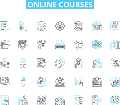 Online courses linear icons set. E-learning, Virtual, Distance, Web-based, Remote, Digital, Cyber line vector and concept signs. Internet,Interactive,Cloud-based outline illustrations