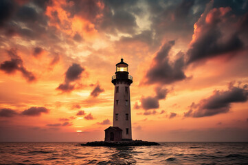 Lighthouse at sunset on the ocean