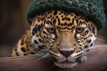 Fototapeta na wymiar Jaguar wearing a green knitted hat closeup