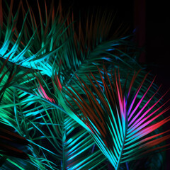 Neon palm leaves. Illustration AI Generative.