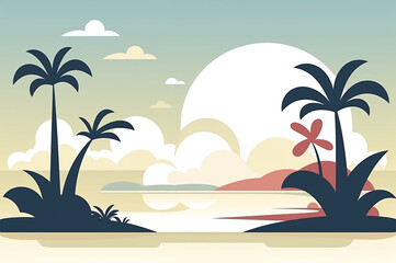 Ocean sunset beach minimalist flat illustration