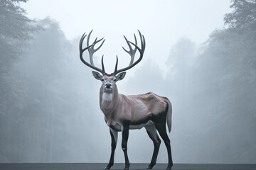 A majestic deer in the foggy forest looking to the camera