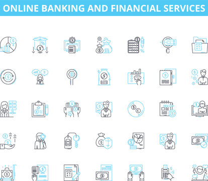 Online banking and financial services linear icons set. Security, Convenience, Accessibility, Efficiency, Mobile, Transfer, Credit line vector and concept signs. Deposit,Withdrawal,Billpay outline
