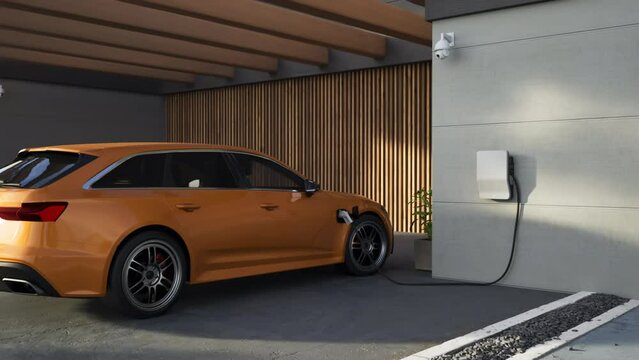Generic electric vehicle EV hybrid car is being charged from a wallbox on a contemporary modern residential building house