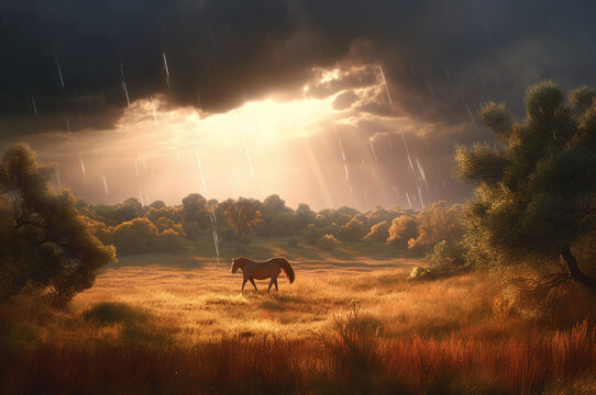 Dramatic horse in stormy grass illustration