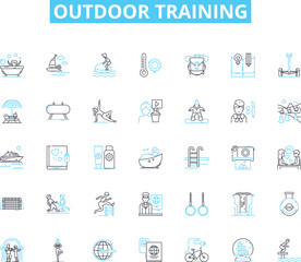 outdoor training linear icons set. Adventure, Teamwork, Fitness, Endurance, Nature, Challenge, Stamina line vector and concept signs. Wilderness,Resilience,Survival outline illustrations