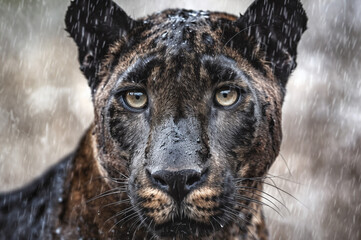 Close up of serious looking puma in the rain