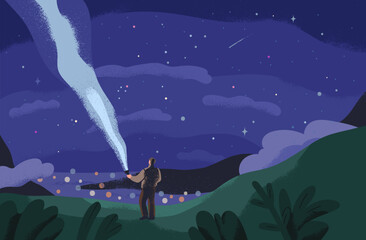 Person with flashlight in night nature landscape. Man alone in travel, adventure, highlighting sky in stars. Peaceful scenery. Solitude, exploring, inspiration concept. Flat vector illustration - obrazy, fototapety, plakaty