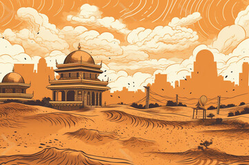 Sandstorm illustration of desert city with temples