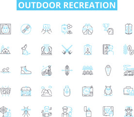 Outdoor recreation linear icons set. Hiking, Camping, Fishing, Biking, Hunting, Climbing, Kayaking line vector and concept signs. Rafting,Swimming,Exploring outline illustrations