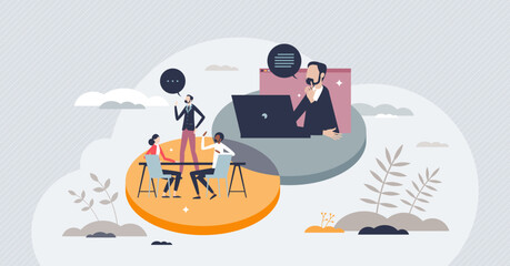 Blended learning as education system in classroom and online courses tiny person concept. Knowledge and skills development with e-learning method vector illustration. Student study from distance.