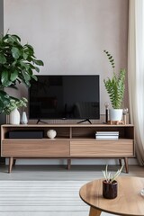 Television put on tv stand  wood table, in minimal empty space livingroom room background white wall AI Generative