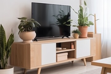 Television put on tv stand  wood table, in minimal empty space livingroom room background white wall AI Generative