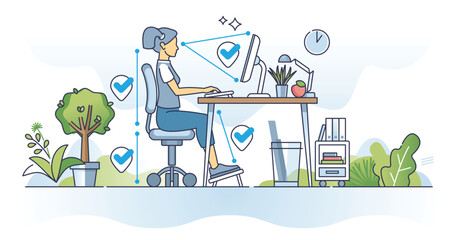Ergonomics for remote work and correct sitting posture outline concept. Back support and spine position from chair height vector illustration. Working from home in comfortable and healthy workspace. - obrazy, fototapety, plakaty