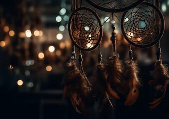 Dream catcher with night light and blurred bokeh for background. Generative Ai - 597489170