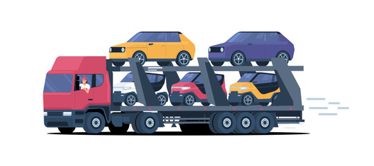 Car carrier loaded with various cars isolated. Vector illustration.