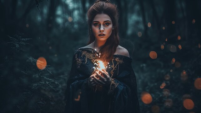 woman cosplay as dark elf witch face make up portrait with cinematic atmosphere, spell caster, game or movie fiction fantasy theme, Generative Ai