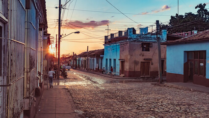 Sunset in the old streets of Trinidad in Cuba