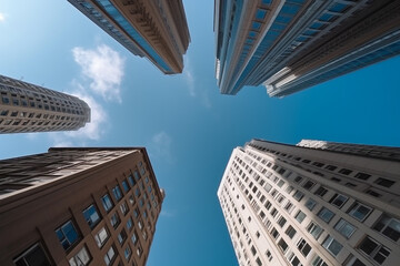 Bottom view of modern skyscrapers in business district, building and architecture.