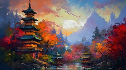 illustration of large and high ancient Asian pagoda or castle, idea for home wall decor, Generative Ai