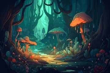 Fototapeta na wymiar Illustration of a Mystery Forest with Strange Plants and Flowers. Realistic Fantastic Cartoon Style Artwork Scene, Wallpaper, Story Background