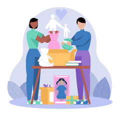 Team of volunteers packing donated things for children homes