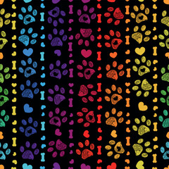Colorful vibrant rainbow seamless paw prints seamless pattern Generative AI - 597490321