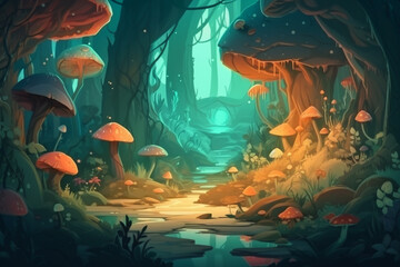 Fototapeta na wymiar Illustration of a Mystery Forest with Strange Plants and Flowers. Realistic Fantastic Cartoon Style Artwork Scene, Wallpaper, Story Background