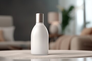 Fototapeta na wymiar Blank White Bottle Spray Foundation Mockup With Living room Background Generative AI