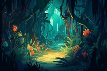 Illustration of a Mystery Forest with Strange Plants and Flowers. Realistic Fantastic Cartoon Style Artwork Scene, Wallpaper, Story Background