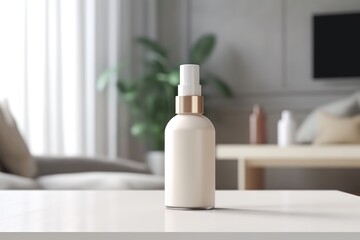 Fototapeta na wymiar Blank White Bottle Spray Foundation Mockup With Living room Background Generative AI