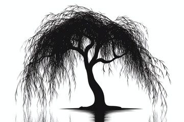 Black willow tree silhouette illustration - obrazy, fototapety, plakaty