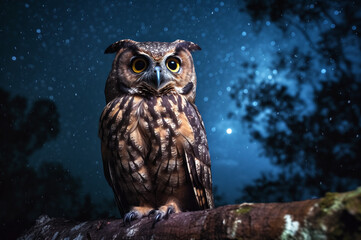 Owl sitting on a branch with night sky background
