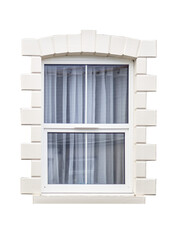 Cutout of an isolated classic cottage window with sunshade curtains taken from outside  with the transparent png