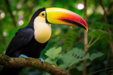 Obraz premium Toucan tropical bird sitting on a tree branch in natural wildlife environment in rainforest jungle. Generative AI.