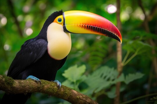 Toucan tropical bird sitting on a tree branch in natural wildlife environment in rainforest jungle. Generative AI.