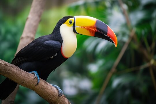 Toucan tropical bird sitting on a tree branch in natural wildlife environment in rainforest jungle. Generative AI.