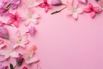 Fototapeta na wymiar Pink background with different soft flowers