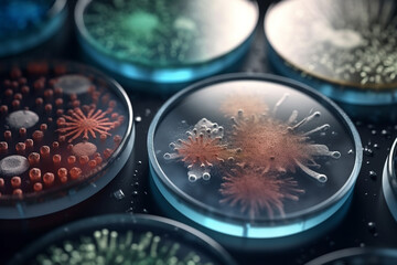 Obraz na płótnie Canvas Healthcare and medicine concept. Various and colorful virus or bacteria cells in a scientific laboratory petri dish. Close-up view. Generative AI
