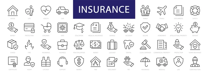 Peel and stick wall murals Graffiti collage Insurance thin line icons set. Insurance editable stroke symbols collection. Life, Car, House, Care, Money Insurance. Vector illustration